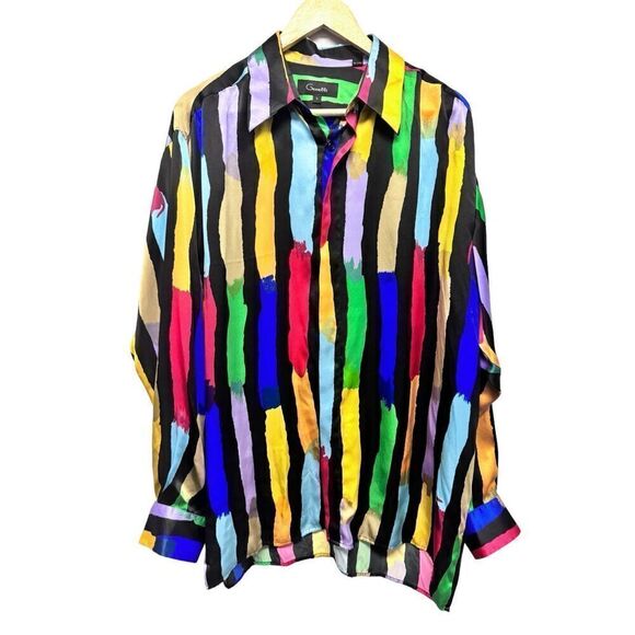 Mens Vintage Genelli 100% Silk Multi Rainbow Black Stripe Shirt Size Large - Picture 1 of 6